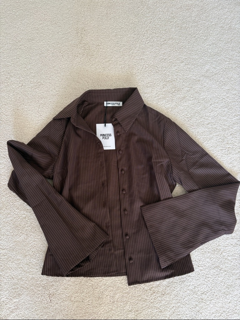Princess Polly Dark Brown Pinstripe Button-Down Blouse